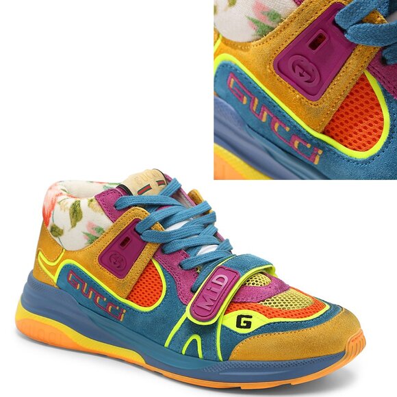 GUCCI SNEAKERS ULTRAPACE MID TOP LEATHER SHOES w LOGO FLORAL sz 36G 6 US - Picture 1 of 14